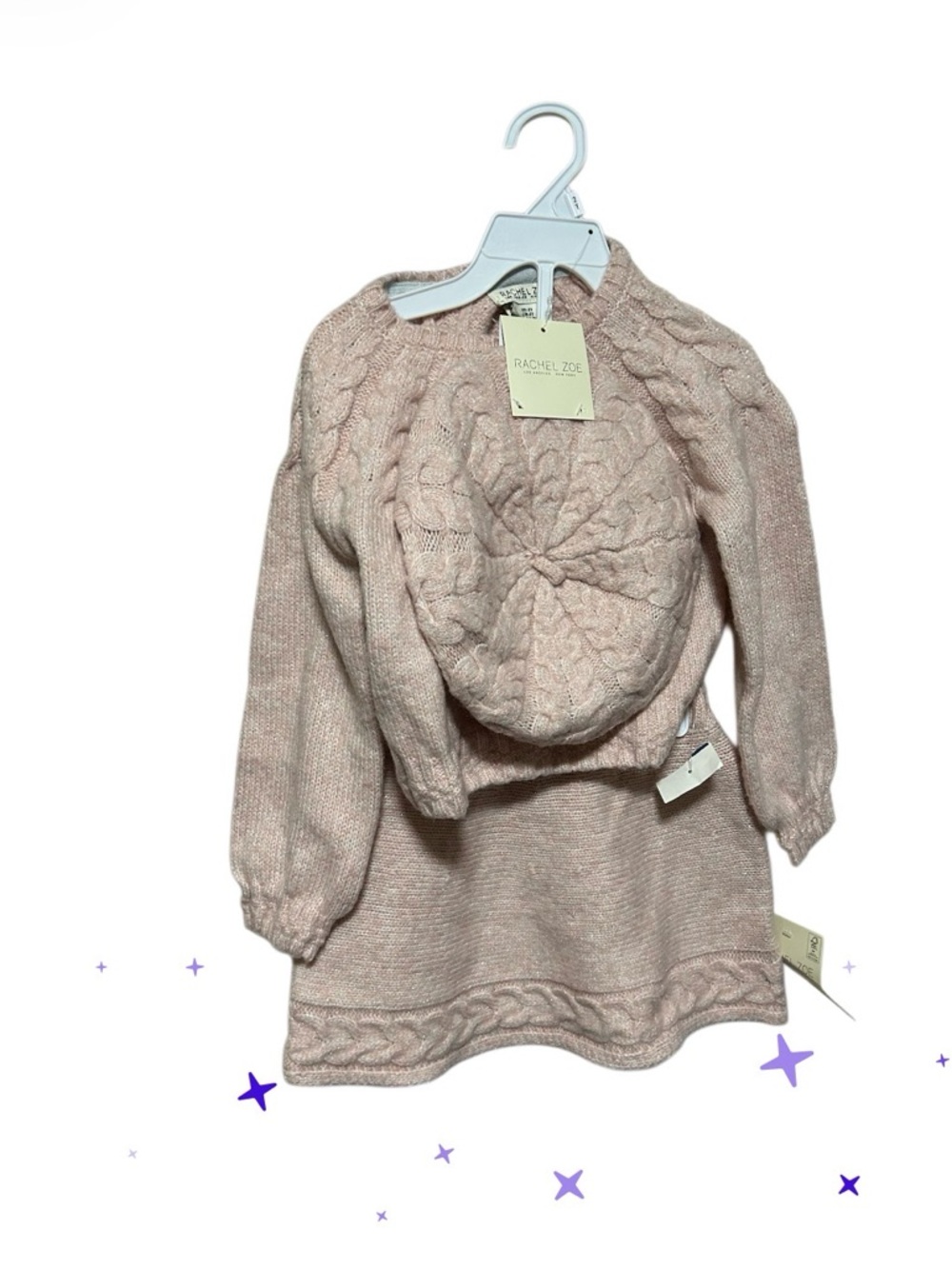 Rachel Zoe Cable-Knit Kids Sweater with Matching Beret and Skirt - Light Blush